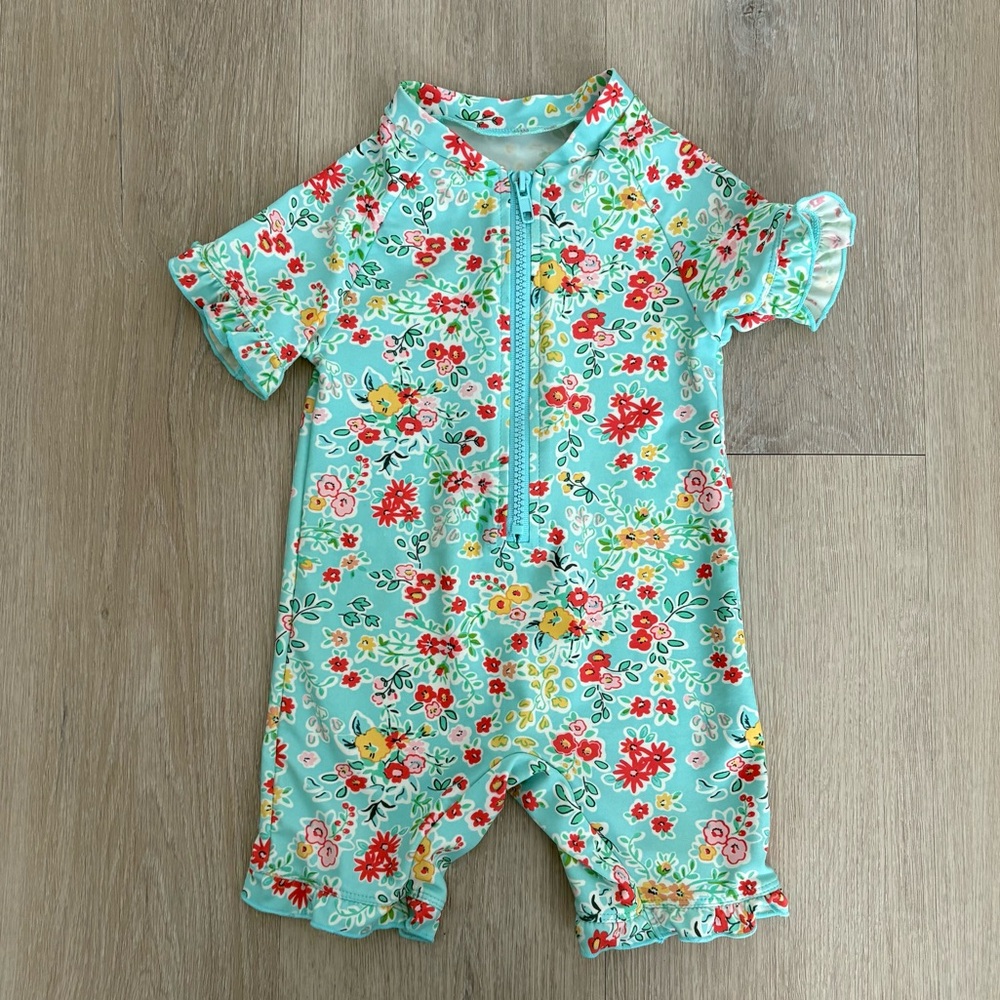 Charm Leaks Baby Swimsuit Romper Zipper 12-18 months Blue Floral Print UPF 50+
